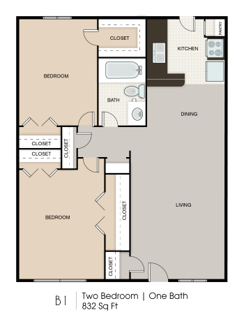 Floor plan for 2 beds, 1 bath, 832 sqft